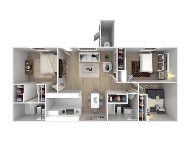 A 3D floor plan of a small apartment with a kitchen, living room, and bedroom.