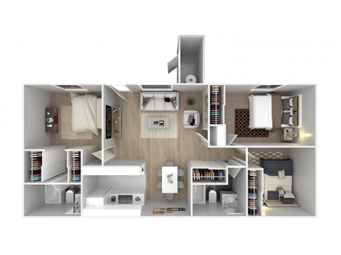 A 3D floor plan of a small apartment with a kitchen, living room, and bedroom.