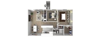 A 3D floor plan of a small apartment with a kitchen, living room, and bathroom.