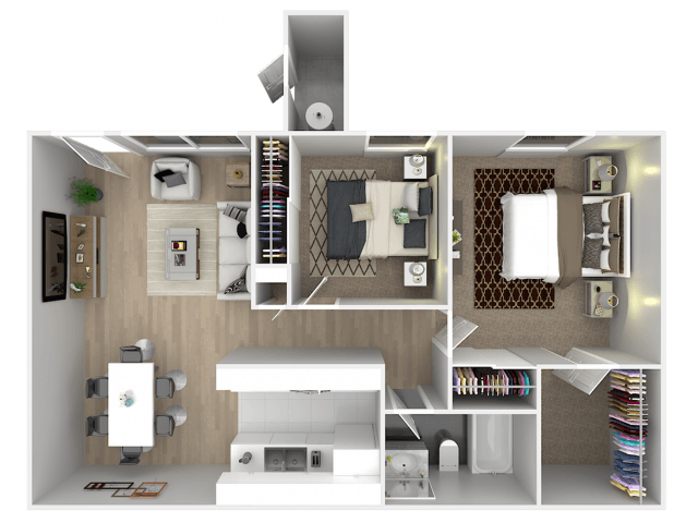 A 3D floor plan of a small apartment with a kitchen, living room, and bathroom.