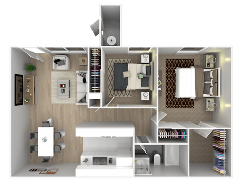 A 3D floor plan of a small apartment with a kitchen, living room, and bathroom.
