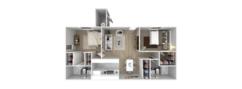 A 3D floor plan of a house with a kitchen, living room, and bedrooms.