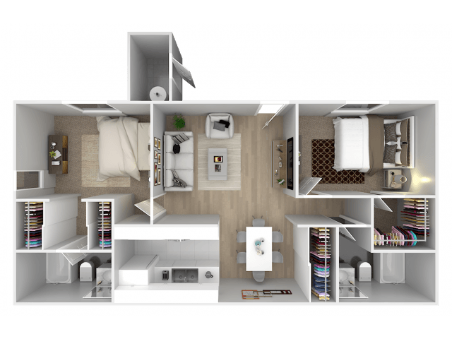 A 3D floor plan of a house with a kitchen, living room, and bedrooms.