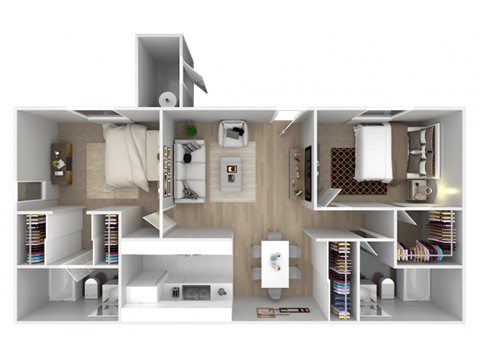 A 3D floor plan of a house with a kitchen, living room, and bedrooms.