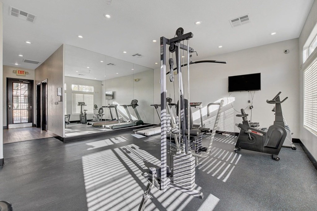 A gym with a variety of equipment including a treadmill, a stationary bike, and a weight machine.