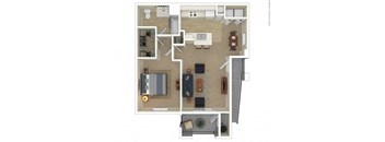 A floor plan of a house with a kitchen, living room, and two bedrooms.