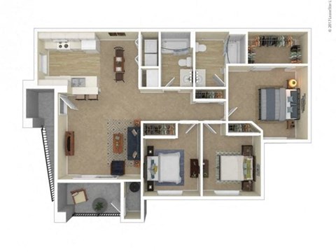 A floor plan of a house with a kitchen, living room, and bathrooms.