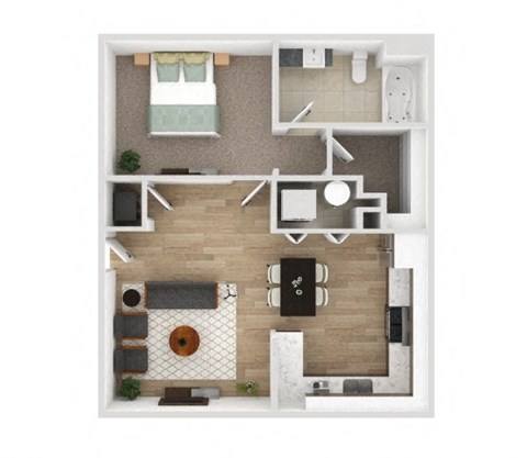 A top-down view of a modern apartment layout with a kitchen, living room, and bathroom.