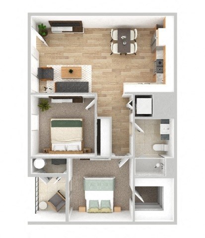 A top-down view of a small apartment with a bedroom, living room, and kitchen.
