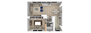 A 3D rendered image of a small apartment layout.