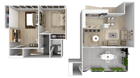 A split-level floor plan of a modern apartment with a living room, kitchen, and bathroom on the left, and a dining area, kitchen, and bathroom on the right.