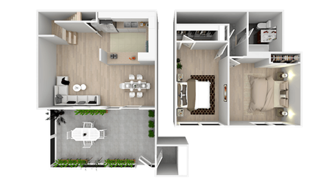 A 3D floor plan of a house showing a living room, kitchen, dining area, and bedrooms.