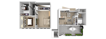 A 3D rendered image of a house layout with two floor plans.