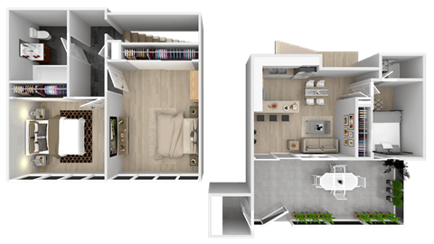 A 3D rendered image of a house layout with two floor plans.