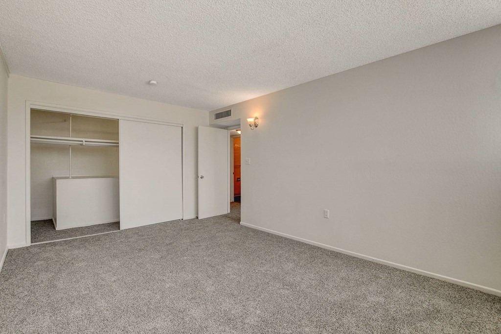 A room with a grey carpet and white walls.