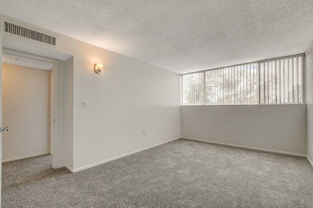 A room with a carpeted floor and a window with blinds.