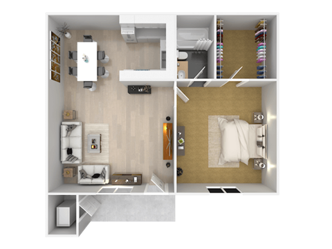 A top-down view of a small, neatly organized apartment with a bedroom, living room, and kitchen.