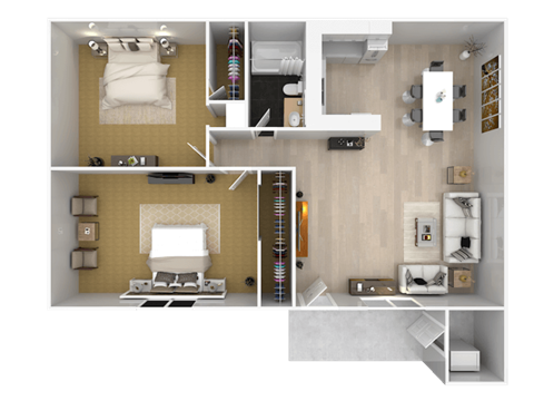 A top-down view of a small apartment with a living room, kitchen, and bedroom.