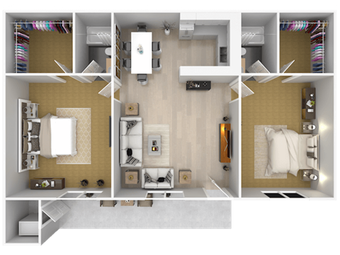 A 3D floor plan of a small apartment with a kitchen, living room, and bathroom.