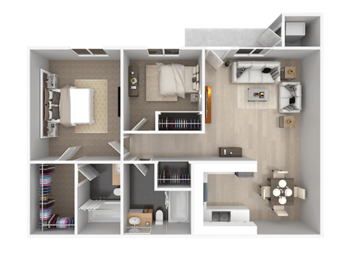 A 3D rendered image of a small apartment layout.