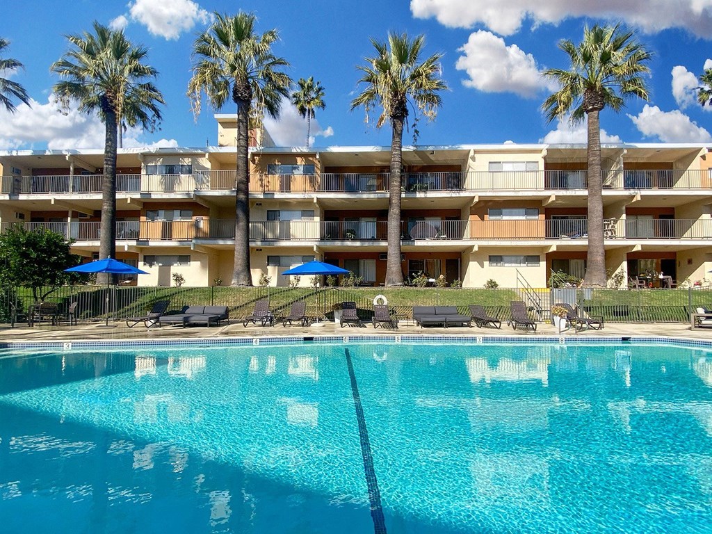 A large swimming pool in front of a multi-story apartment building with palm trees.