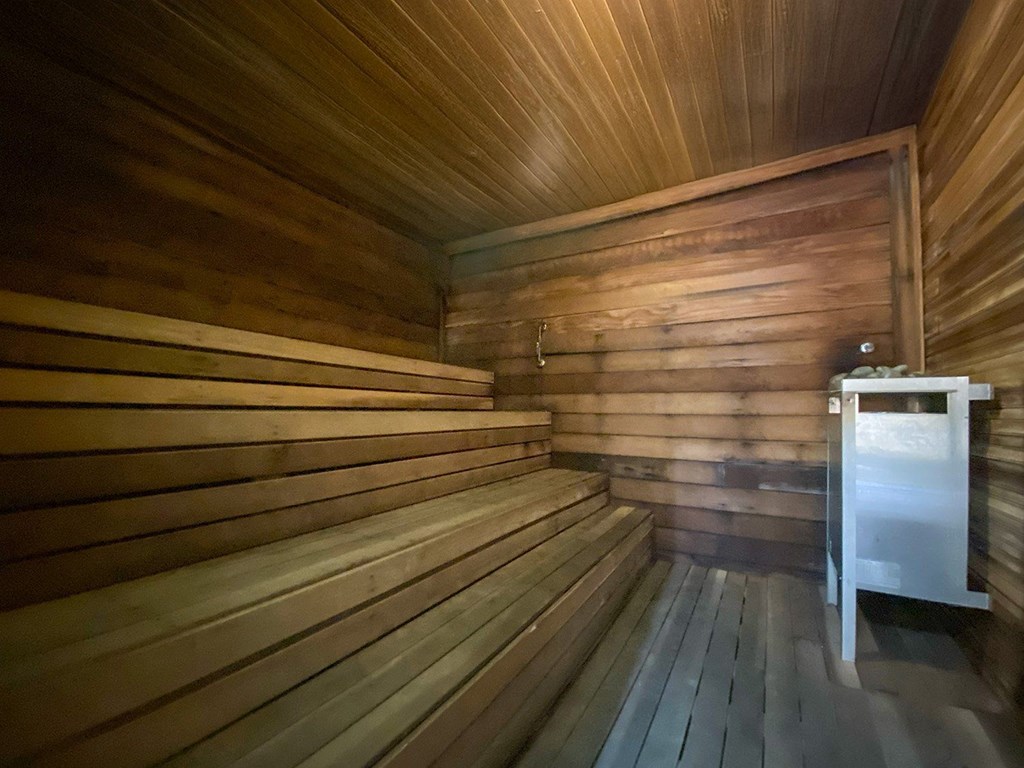 A wooden sauna with a bench and a door.