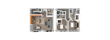 Two floor plans of a house with a kitchen, living room, and bedrooms.