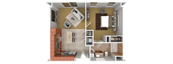 A 3D floor plan of a house showing a kitchen, living room, dining room, and bathroom.