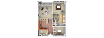 A 3D floor plan of a house with a kitchen, living room, and bedrooms.