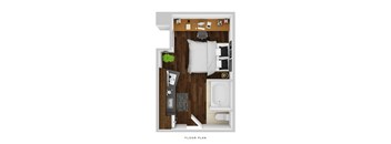 A floor plan of a small apartment with a bed, desk, and bathroom.