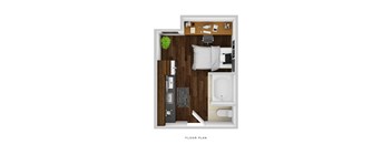 A floor plan of a small apartment with a bed, desk, and kitchenette.
