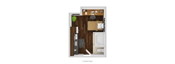 A floor plan of a small apartment with a living area and bathroom.