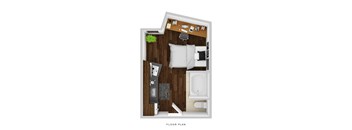 A floor plan of a small apartment with a kitchenette, living room, and bathroom.
