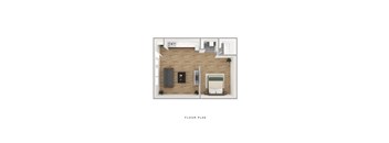 A floor plan of a small apartment with a bedroom, bathroom, and living room.