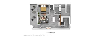 A floor plan of a house with furniture and appliances.