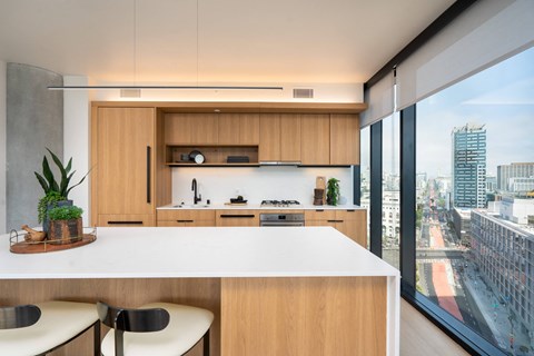 A modern kitchen with wooden cabinets and a view of the city.