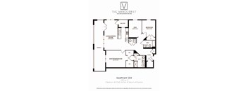 A black and white image of a floor plan for apartment 224 at The Vanderbilt.