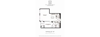 A black and white floor plan for an apartment at The Vanderbilt.