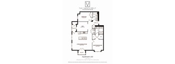 A black and white image of a floor plan for an apartment named The Vanderbilt.