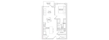A floor plan of an apartment with a living room, dining room, kitchen, and bathroom.