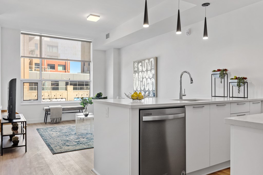 A modern kitchen with a large window and a stainless steel dishwasher.