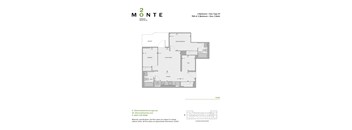A floor plan for a 2 bedroom, den, 2 bath unit at 2 Monte.