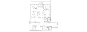 A floor plan of a house with two bedrooms, a living area, a kitchen, a dining area, and two bathrooms.
