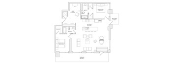 A floor plan of a house with a den, two bathrooms, two bedrooms, a kitchen, a living room, a dining room, a balcony, and a terrace.