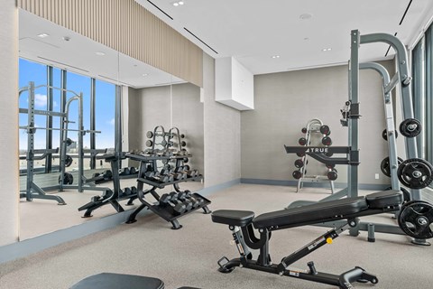 A gym with a variety of equipment including a rowing machine.