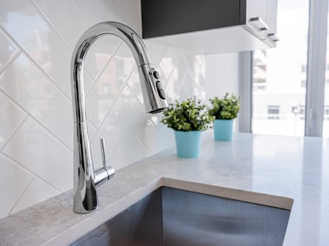 A modern kitchen sink with a chrome faucet and two small potted plants on the counter.