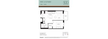 A floor plan for a 1 bedroom, 1 bathroom apartment in The Sanford in Upper Wellington.