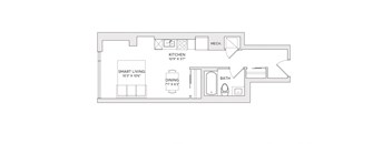 A floor plan of a small apartment with a kitchen, dining area, bathroom, and a smart living room.