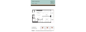 A floor plan for a 500 square foot apartment with one bed and one bath.