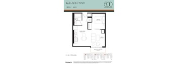 A floor plan for a 1 bedroom apartment with a bathroom and a living area.